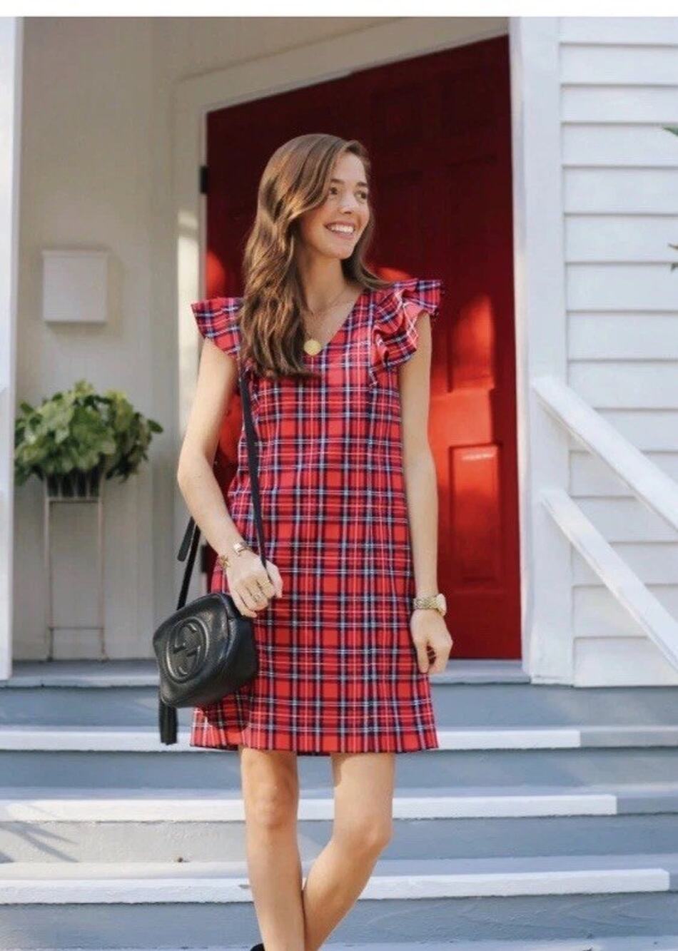 Draper James Size 8 Red Plaid Ruffle Shoulder Shift Dress V Neck Holiday Mini
